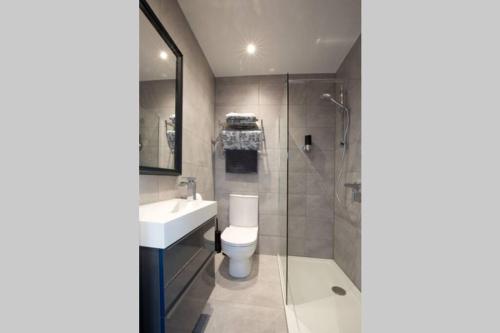 a bathroom with a toilet and a sink and a shower at Blackbird Luxury Apartments Room 5 in Blackpool