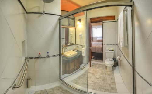 a bathroom with a shower and a toilet and a sink at Hotel Santa Paula in Taxco de Alarcón