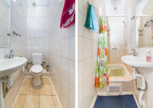 two pictures of a bathroom with a sink and a toilet at WonderHostel on Nevsky 23 in Saint Petersburg