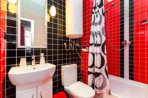 een badkamer met een wastafel, een toilet en een douche bij Cozy studio for couple near Polytechnic University in Lviv