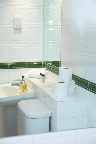 a white bathroom with a toilet and a sink at Tranquil Apartment with Stunning Views in Enfield