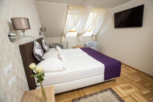 ein Hotelzimmer mit einem Bett und einem TV in der Unterkunft Dóm Hotel in Szeged