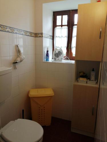 a small bathroom with a toilet and a window at Casa da Lomba in Arganil