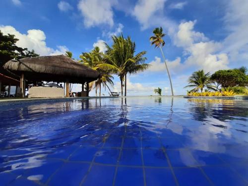 a swimming pool with a view of the ocean and palm trees at Pousada Bahia Boa in Marau