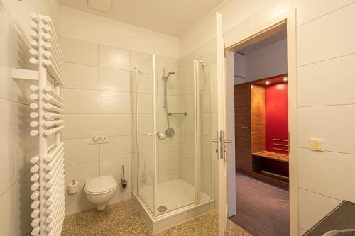 a bathroom with a shower and a toilet at Hotel und Restaurant Zum Deutschen Hause in Lübbenau