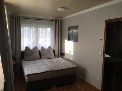 ein Schlafzimmer mit einem Bett mit Kissen und einem Fenster in der Unterkunft Spreewald-Ferienwohnung Jahn in Radensdorf