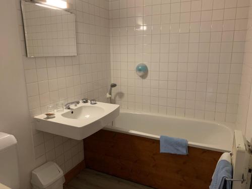 La salle de bains est pourvue d'un lavabo et d'une baignoire. dans l'établissement Hotel des Lacs, à Chamonix-Mont-Blanc