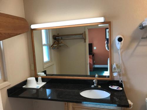 a bathroom with a sink and a mirror at Travel Inn in Horseheads