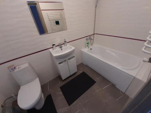 a bathroom with a toilet and a sink and a bath tub at Стильна квартира-студія в центрі міста на набережній in Ternopil