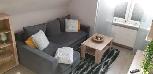 Sala de estar con sofá gris y mesa en Fewo Mehrwald, en Korbach