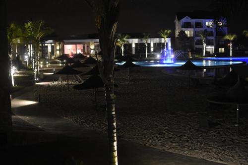 a palm tree in front of a fountain at night at The Blyde in Pretoria
