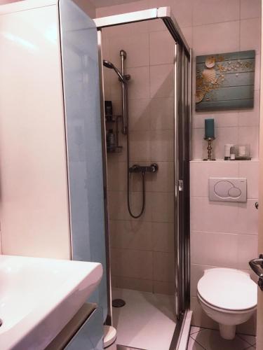 a bathroom with a shower with a toilet and a sink at Apartments Villa Seeblick Travemünde in Travemünde