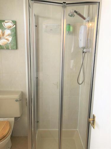 a shower with a glass door in a bathroom at The Fossil Tree Hotel in Blackpool