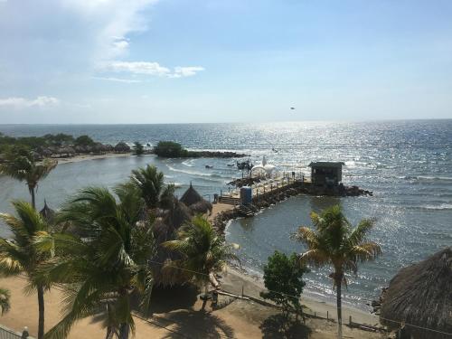 a view of a beach with palm trees and the ocean at Hotel La Fragata in Coveñas
