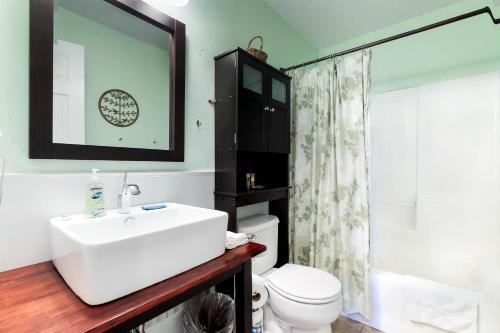 a bathroom with a sink and a toilet and a mirror at Gunni Getaway in Gunnison