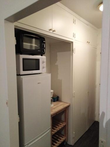 une petite cuisine avec un micro-ondes et un réfrigérateur dans l'établissement Appartement pres de beauval et des châteaux, à Montrichard