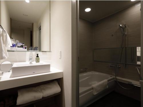 a bathroom with a sink and a tub and a mirror at Nihon Seinenkan Hotel in Tokyo