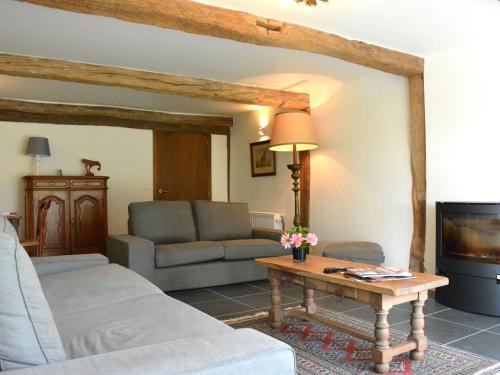ein Wohnzimmer mit einem Sofa und einem TV in der Unterkunft Beautiful Ardennes house in quiet area in Sainte-Ode
