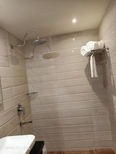 a bathroom with a shower with a toilet and a sink at The Hotel Celebration in Balāngīr