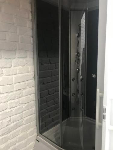 a glass shower in a bathroom with a brick wall at Wilcza Apartments in Warsaw