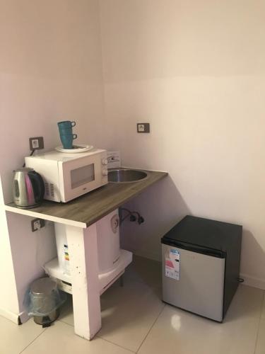 a microwave sitting on a counter next to a sink at Wilcza Apartments in Warsaw