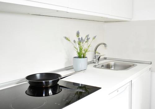 a kitchen counter with a sink and a frying pan on a stove at Roma Resort Termini in Rome