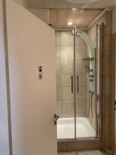 a shower with a glass door in a bathroom at "An der Lindenberganlage" in Melsungen