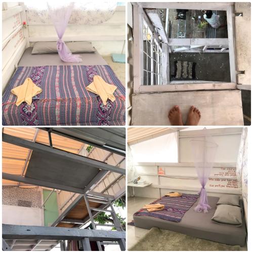 a collage of four pictures of a bed in a room at Yez Yez Yez All Good Hostel in Yogyakarta