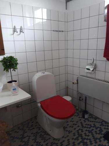 a bathroom with a toilet with a red seat at Villa Wolte Bed and Breakfast in Ringsted