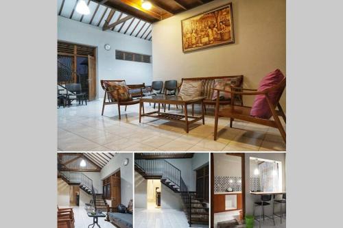two pictures of a living room and a dining room at Omah Dronjongan Homestay Yogyakarta in Yogyakarta
