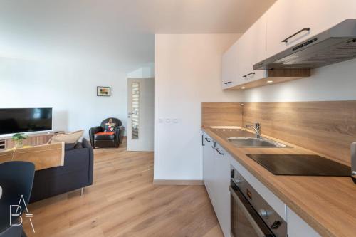 une cuisine avec un évier et un plan de travail dans l'établissement L’Esperluette - 44 sqm apartment with garage & balcony in the city center, à Annecy
