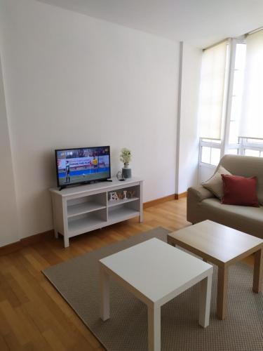 een woonkamer met een bank en een tv bij APARTAMENTO BEATRIZ in Pobra do Caramiñal