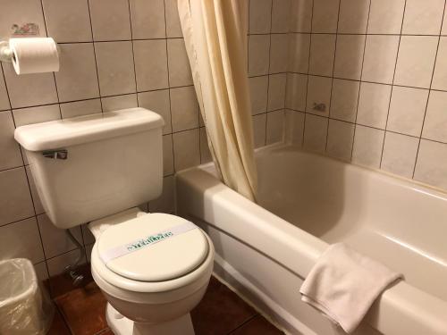 a bathroom with a toilet and a bath tub at Alpine motel in Rocky Mountain House