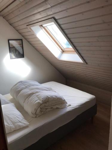 - une chambre avec un lit et une lucarne dans l'établissement Chalet à CAUTERETS - 6 personnes, à Cauterets