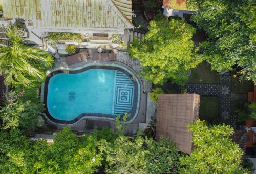 an overhead view of a swimming pool with trees at Sania's House in Ubud
