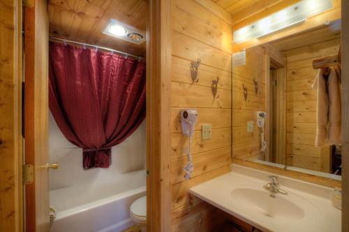a bathroom with a sink, toilet and bathtub at Powder House Lodge in Keystone