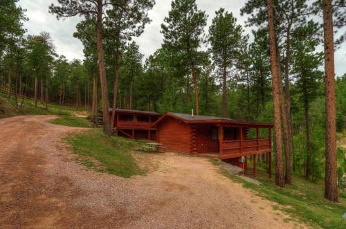 a log cabin in the middle of a forest at Powder House Lodge in Keystone