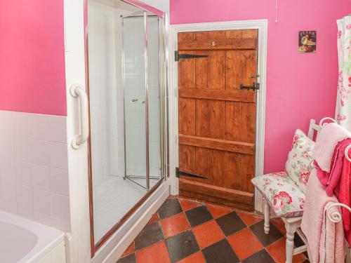 a bathroom with a shower and a glass door at Ffynnondici Farmhouse in Fishguard