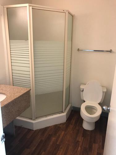 a bathroom with a toilet and a glass shower at Travel Inn in Greensboro