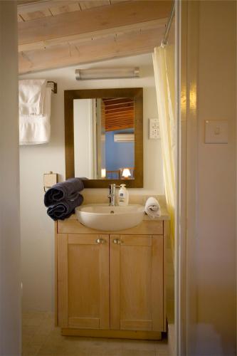 a bathroom with a sink and a mirror at Evkarpos Country House in Psematismenos