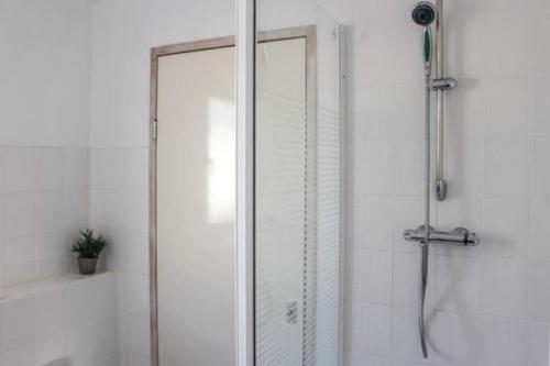 a shower with a glass door in a bathroom at Vakantie met sauna in Zeeland in Sint Annaland