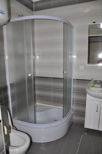 a bathroom with a shower with a toilet and a sink at Parusa Maklaia in Baturyn