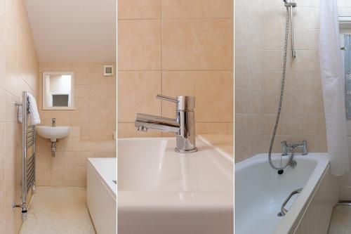 2 fotografías de un baño con lavabo y bañera en 85 Back Road East en St Ives
