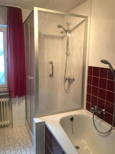 ein Badezimmer mit einer Badewanne und einer Dusche mit einer Glastür in der Unterkunft Ferienwohnung Westerwaldblick Dillenburg in Dillenburg