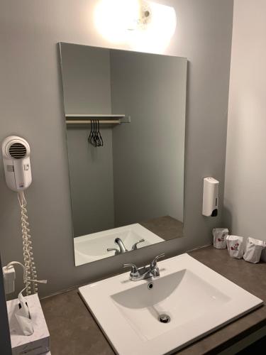 a bathroom with a sink and a large mirror at Motel Le Rond Point in Metabetchouan