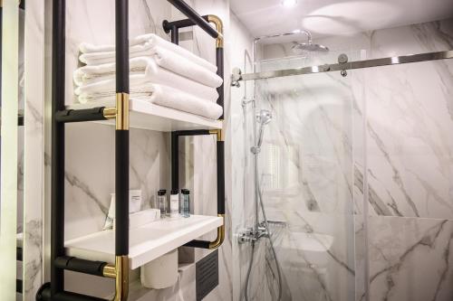 uma casa de banho com um chuveiro, um lavatório e um espelho. em Statskij Sovetnik Hotel Kustarnyy em São Petersburgo
