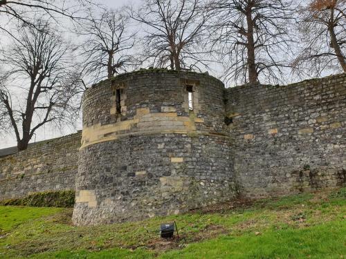a large stone wall with trees behind it at Le petit béguinage in Tongeren