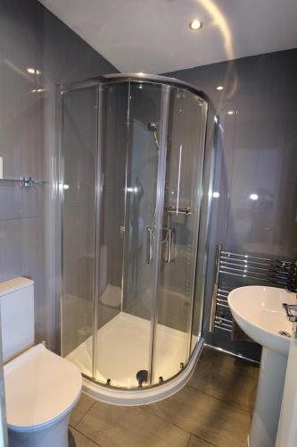a bathroom with a shower and a toilet and a sink at Dalriada in Portree
