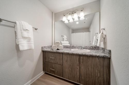 a bathroom with a sink and a mirror at Stunning Waco Downtown Apartments in Waco