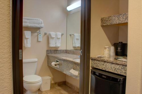 a bathroom with a toilet and a sink and a mirror at Allington Inn & Suites Kremmling in Kremmling
